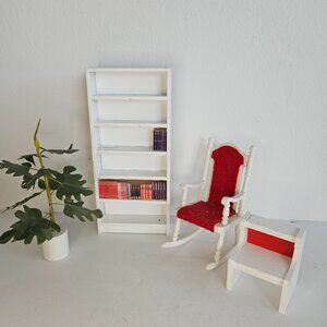 Vintage Lundby miniature dollhouse library reading room bookshelf rocking chair